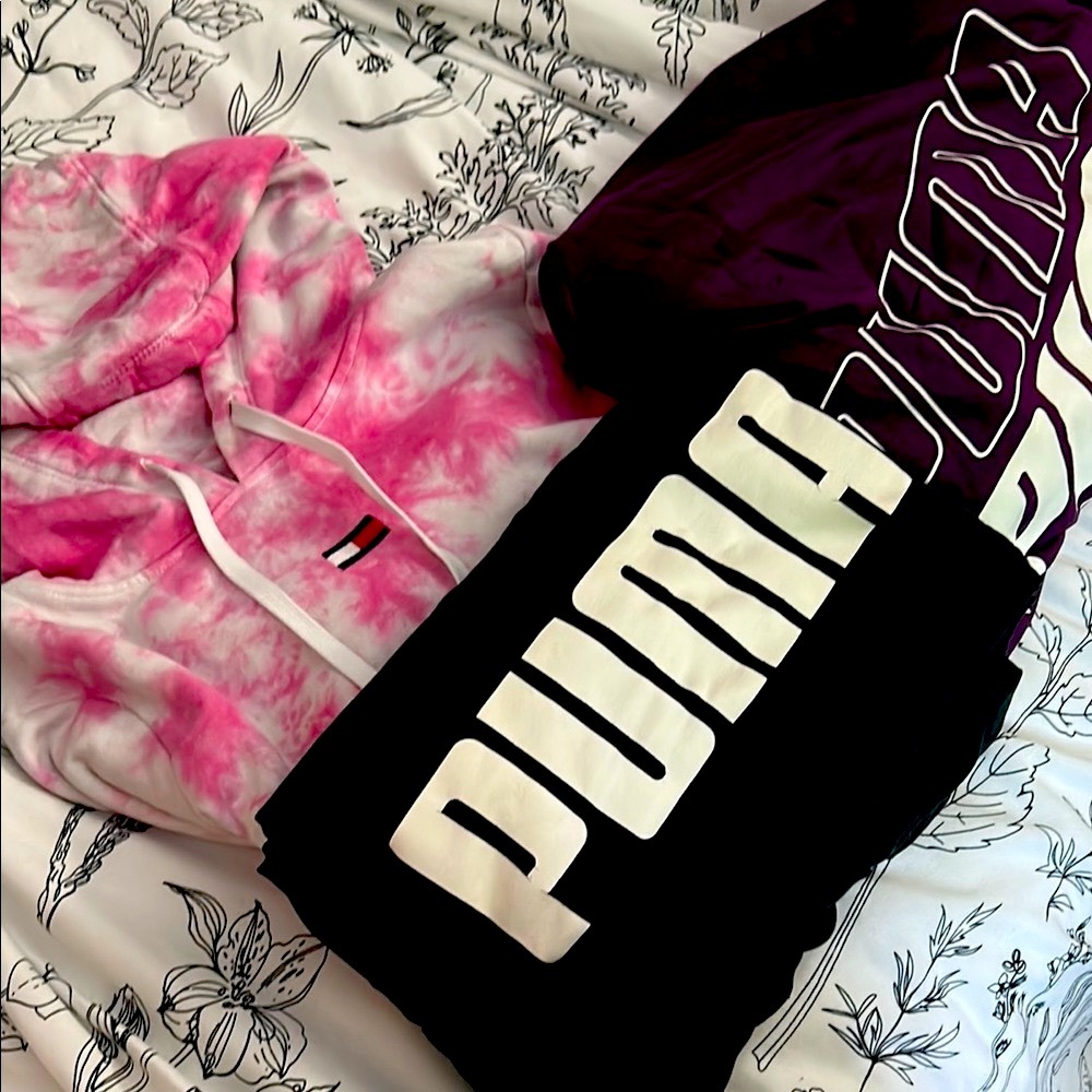 Puma purple and black full zip hoodies and Tommy Hilfiger tie dye hoodie